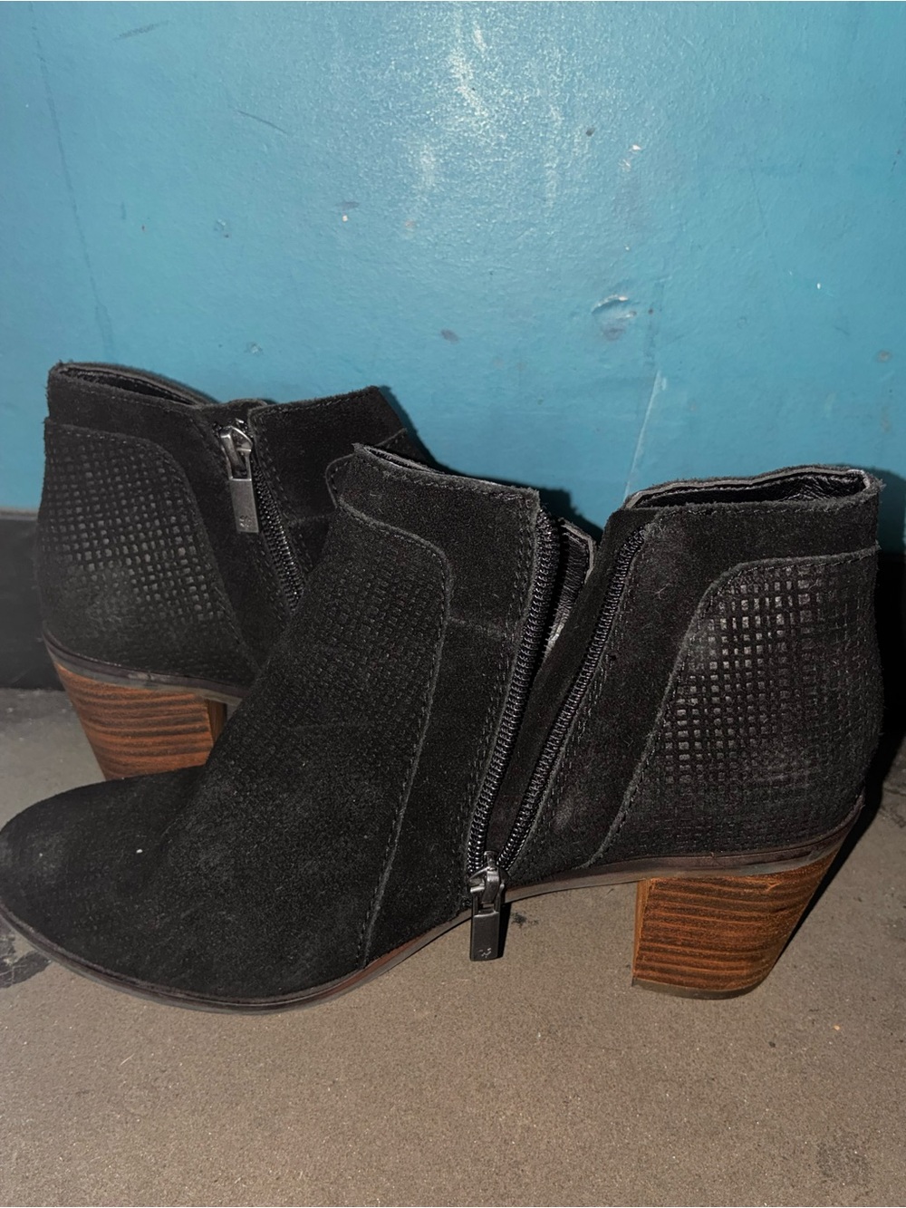 Lucky Brand Black Suede Ankle Booties with Stacked Wood Heel